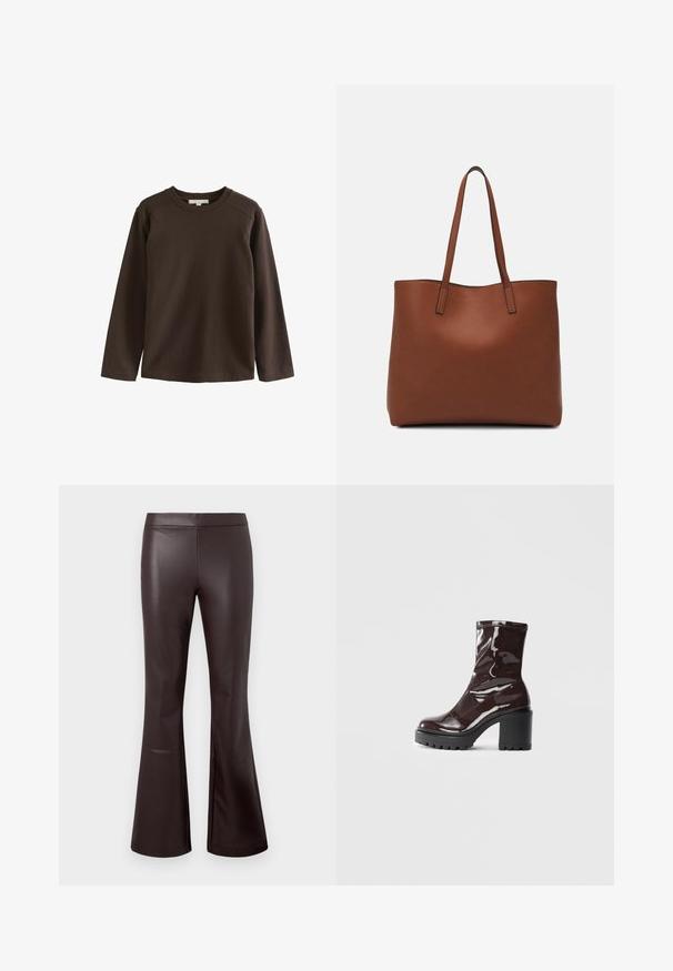 Pruun pikka varrukatega särk, mis on valmistatud pehmest puuvillast, ümaral kaelusel ja raglanvarrukatega, sileda ja kaunistusteta tekstuuriga.; Pruun kunstnahast laiad püksid, millel on sile tekstuur, kõrge vöökoht ja puhas disain, flared säärtega, mis lisavad stiili.; Klakav läikiv burgundi värvi pahkluu saabas, millel on paks must konts, sile tekstuur ja lihtne disain. Nähtavad kinnitused või mustrid puuduvad.; Pruun nahast tote-kott, millel on sile tekstuur, avatud ülaosa disain ja kaks õlarihma. Omab minimaalset õmblust ja nähtavat riistvara ei ole.