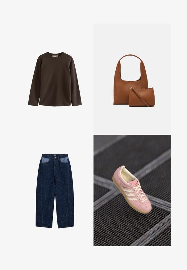 Ruda ilgomis rankovėmis marškiniai, pagaminti iš švelnios medvilnės, su apvaliu iškirpimu ir raglan rankovėmis, pasižymintys lygiu, nepuoštu tekstūru.; Tamsiai mėlynos džinsinės plačios kelnės, pasižyminčios taškinio rašto tekstūra, dviem priekiniams kišenėms su kontrastinga šviesesne medžiaga ir matomais siuvimo detalėmis.; Rožinės zomšos kedai su baltu trimis juostelėmis, šviesiai rudos detalėmis ir guminiu padu. Yra raišteliai ir ženklas šone.; Ruda sintetinio odos rankinė su lenkta rankena ir lygiu paviršiumi. Pridedamas atitinkamas mažas maišelis su užtrauktuku. Minimalistinis dizainas.