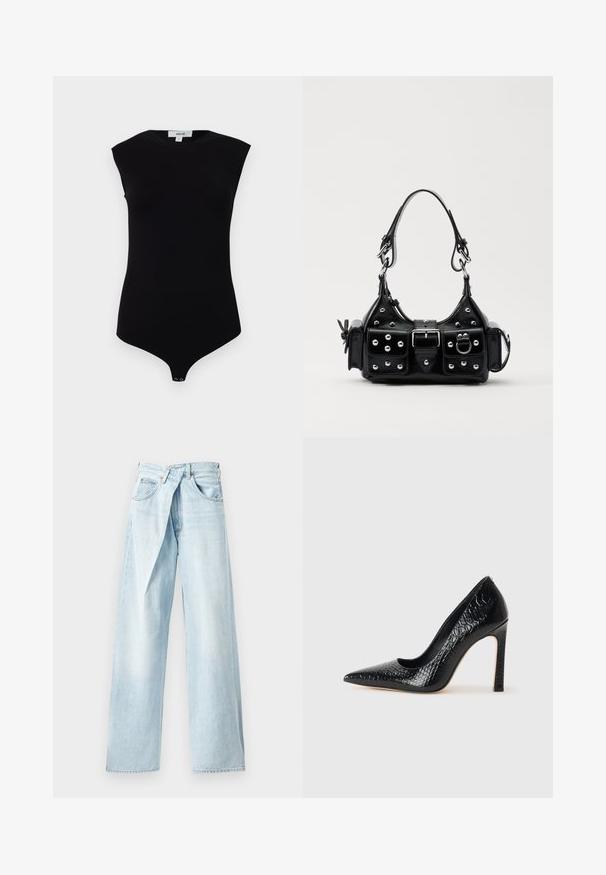 Black sleeveless bodysuit with a high neckline, soft fabric, and snap closure at the bottom. Smooth texture and fitted design.; Light blue wide-leg jeans made of denim, featuring a unique crossover waistband and five-pocket design. Smooth texture and straight cuts.; Black pointed-toe high heel shoe with a crocodile-skin texture, featuring a sleek design, high stiletto heel, and smooth black interior.; Black leather handbag with a curved design, featuring silver studs, a buckle, and two side pockets. Adjustable strap for carrying options.