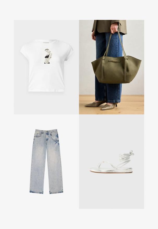 Witte katoenen t-shirt met korte mouwen, voorzien van een zwart-wit fotoafdruk aan de voorkant van een figuur in een zwart outfit.; Lichtblauwe spijkerbroek met een recht model, voorzien van versleten accenten, vijf zakken en zichtbare stikseldetails.; Zilveren metallic sandalen met een teenstuk ontwerp, een enkelband en een platte zool met een geprofileerde afwerking.; Olijfgroene totebag met dubbele handvatten, een gladde textuur en een metalen logoaccent. Ronde vorm met zijpanelen; gecombineerd met blauwe broek.