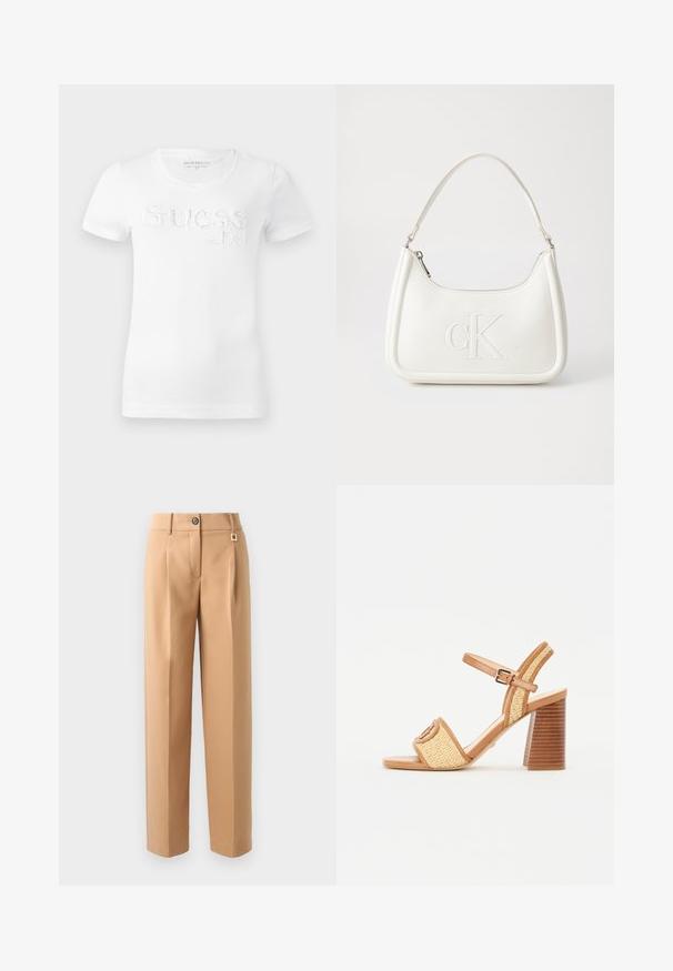 Balta medvilninė marškinė su trumpomis rankovėmis, ant kurių yra iškilūs užrašai "GUESS" ir kontrastingas "est. 1981". Lygus paviršius, klasikinis apvalus kaklas.; Smėlio spalvos siūtos kelnės su tiesiu kirpimu, su priekiu sagomis užsegimu, vienu klostu ir mažais metaliniais akcentais juosmens juostoje.; Rudos odinės ir audinės šiaudinės aukštakulnės šlepetės su kulkšnies juostele, atvira nosimi ir plačiu medinį primenančiu kulniuku su horizontaliais raštais.; Balta odinė rankinė su išlenkta forma, su reljefiniu "CK" logotipu priekyje ir viena petneša. Užtrauktuko uždarymas viršuje.