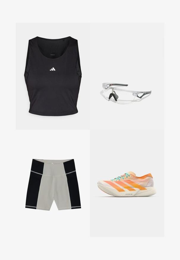 Fekete sportmelltartó, nedvességelvezető anyagból, kerek nyakkal, ujjatlan kivitelben, fehér logóval a mellkasán.; Férfi úszóshortok bézs középső panellel és fekete oldalpanelekkel. Simább anyagból készült, kontrasztos varrással. Térd közepéig érő hossz.; Futócipő, amelynek kevert dizájnja narancssárga, barack és fehér árnyalatokban készült. Három fehér csíkkal és világoskék fűzőkkel rendelkezik.; Áttetsző, könnyű keretes biztonsági szemüveg szürke kiegészítőkkel. Wraparound kialakítással és állítható orrnyereggel rendelkezik.