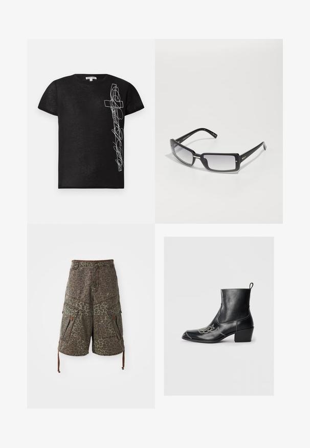 Must mustaheaga mustrihiga T-särk, mis on valmistatud pehmest kangast, vasakul küljel valge tikandiga rist ja stiliseeritud tekst.; Roheline ja pruun leopardimustriga kamuflaažige mööda laia vöökohta kulgevate säärepoiste lühikesed püksid, mis on varustatud mitme taskuga, reguleeritavate nööridega ja tugevdatud õmblustega.; Mustad mustad mustad mustad, dekoratiivsete õmbluste ja madala plokkninaga. Esitleb tõmbluku jaoks, et seda oleks lihtne panna.; Mustad ristkülikukujulised prillid gradient objektiividega, pakse raami ja metallist aktsentdetailidega varrukatel. Ühtlane tekstuur kogu ulatuses.