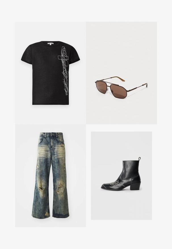 Crna kratka majica s kratkim rukavima od mekog materijala, s bijelim izvezenim grafičkim prikazom križa i stiliziranim tekstom s lijeve strane.; Oslabljeni plavi široki traperice sa istrošenim rupama i pocepanim rubom. Ima tradicionalni dizajn s pet džepova i petlje za pojas na struku.; Crne kožne čizme do gležnja sa kvadratnim vrhom, dekorativnim šavovima i niskom blok petom. Imaju petlju za lako obuvanje.; Smeđe osmerokutne naočale s tankim okvirom od crnog metala, ukrašene smešnim krakovima. Tamno obojeni leće pružaju zaštitu od UV zraka.