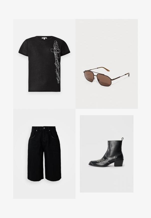 Čierne tričko s krátkym rukávom vyrobené z jemnej látky, s bielou výšivkou grafiky kríža a štýlizovaného textu na ľavej strane.; Čierne riflové šortky so strihom rovného nohavice, piatimi vreckami, kovovým zapínaním a jemnou textúrou. Lem je ukončený čistým rezom.; Čierne kožené členkové topánky so štvorcovou špičkou, ozdobným prešívaním a nízkym blokovým podpätkom. Obsahuje pútko pre jednoduché obúvanie.; Hnedé osemuholníkové slnečné okuliare s tenkým čiernym kovovým rámom, ozdobené hnedými ramenami. Tmavé tónované šošovky zabezpečujú ochranu pred UV žiarením.