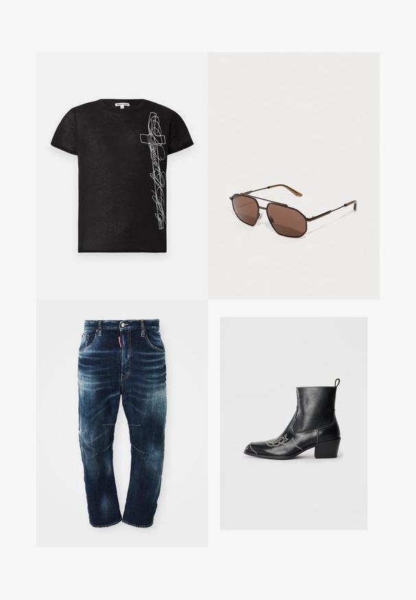 Camiseta negra de manga corta hecha de tela suave, con un gráfico bordado en blanco de una cruz y texto estilizado en el lado izquierdo.; Jeans de mezclilla azul oscuro con un lavado descolorido, diseño de cinco bolsillos, cremallera en la bragueta y costuras en contraste. Presenta un ligero desgaste en las rodillas.; Botines de cuero negro hasta el tobillo con punta cuadrada, costuras decorativas y un tacón bajo en bloque. Incluyen una lengüeta para facilitar su colocación.; Gafas de sol marrones en forma octogonal con un delgado marco de metal negro, acentuadas por las patillas marrones. Las lentes de oscuro tono ofrecen protección UV.