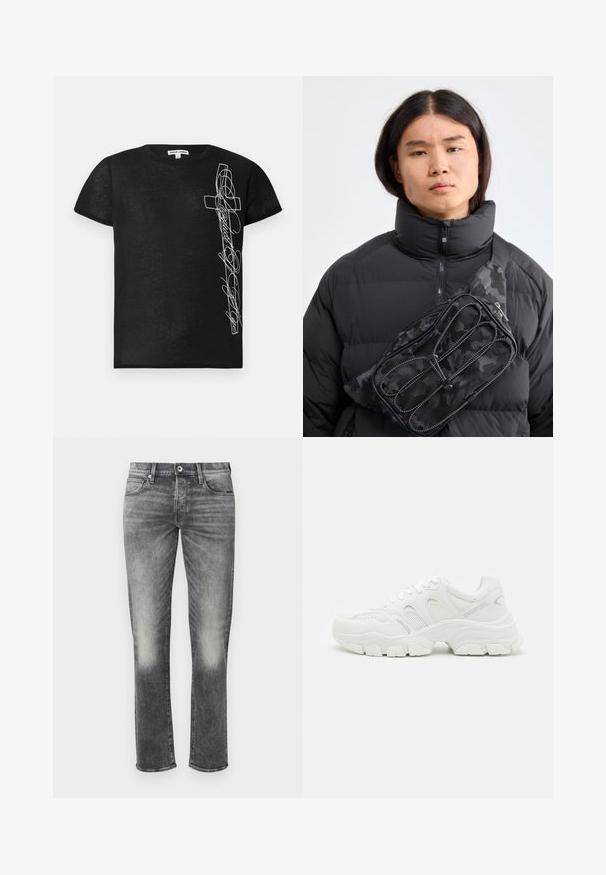 Black short-sleeve T-shirt made of soft fabric, featuring white embroidered graphic of a cross and stylized text on the left side.; Gray denim jeans with a straight leg design, featuring subtle fading, five pockets, and a button closure. Textured fabric with minimal stitching.; White athletic sneakers featuring a mesh upper with leather accents, textured rubber sole, and a chunky design with notable contours.; Black nylon fanny pack with camouflage pattern and zippered compartments, worn diagonally over a black puffer jacket with a high collar.