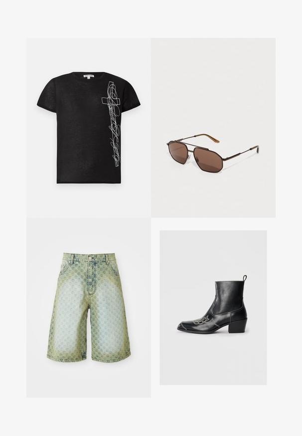Čierne tričko s krátkym rukávom vyrobené z jemnej látky, s bielou výšivkou grafiky kríža a štýlizovaného textu na ľavej strane.; Džínové šortky s textúrovaným vzorom, svetlomodrý až zelený gradient, klasický dizajn s piatimi vreckami a kovovým zapínaním.; Čierne kožené členkové topánky so štvorcovou špičkou, ozdobným prešívaním a nízkym blokovým podpätkom. Obsahuje pútko pre jednoduché obúvanie.; Hnedé osemuholníkové slnečné okuliare s tenkým čiernym kovovým rámom, ozdobené hnedými ramenami. Tmavé tónované šošovky zabezpečujú ochranu pred UV žiarením.