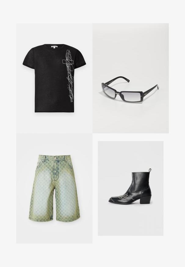 Melnas īsām piedurknēm T-krekls, izgatavots no mīkstas auduma, ar balto izšūto krusta grafiku un stilizētu tekstu kreisajā pusē.; Īsas džinsas bikses ar faktūras rakstu, gaismas zilu līdz zaļganu gradientu, klasisko piecu kabatu dizainu un metāla pogu aizdari.; Melnas ādas potītes zābaki ar kvadrātveida purngaliem, dekoratīvu dūrienu un zemu blokveida papēdi. Iekļauts vilkšanas cilpiņa vieglai uzvilkšanai.; Melnas taisnstūra formas saulesbrilles ar gradienta lēcām, ar masīvu rāmīti un metāla akcentiem uz stariem. Gluda virsma visā.