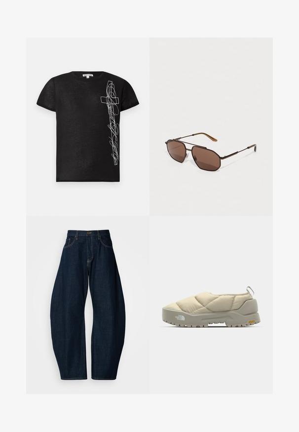 Crna kratka majica s kratkim rukavima od mekog materijala, s bijelim izvezenim grafičkim prikazom križa i stiliziranim tekstom s lijeve strane.; Tamno plave traperice širokih nogavica, s istaknutim šavovima, pet džepova i zatvaranjem na mesingasti gumb u struku.; Bež cipelica na klizanje s kviltanom površinom i sivim Vibram potplatom, zaobljenog oblika i stražnjim petljicom. Sadrži logotip na strani i teksturiranu gornju površinu.; Smeđe osmerokutne naočale s tankim okvirom od crnog metala, ukrašene smešnim krakovima. Tamno obojeni leće pružaju zaštitu od UV zraka.