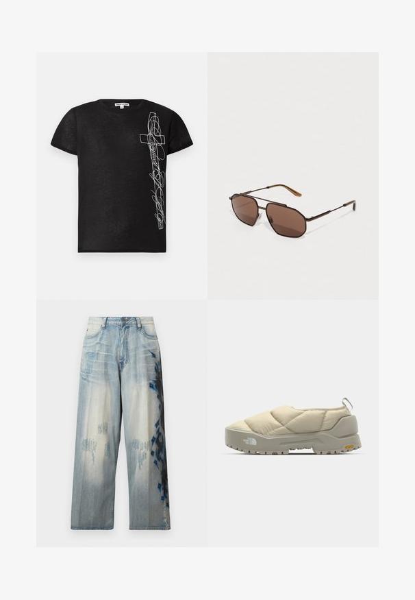 Black short-sleeve T-shirt made of soft fabric, featuring white embroidered graphic of a cross and stylized text on the left side.; Light blue denim wide-leg jeans featuring a distressed design and abstract black and blue patterns on one side. Classic five-pocket style.; Quilted beige slip-on shoe with gray Vibram sole, rounded shape, and rear loop. Features logo on side and textured upper surface.; Brown octagonal sunglasses with a thin black metal frame, accented by brown temples. Dark tinted lenses provide UV protection.