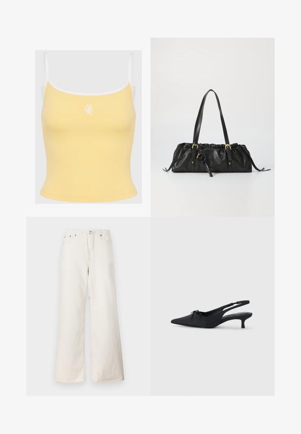 Žlutý žebrovaný top bez rukávů s bílým lemem a nastavitelnými ramínky, na přední straně s jemným vyšitým logem ve středu. Měkká textilie.; Bílé široké denimové kalhoty s elastickým pasem na stahování, předními kapsami a jemnými švy. Vyrobeno z odolného bavlněného materiálu.; Černé slingback podpatky s špičatou špičkou, texturovanou tkaninou, malou mašlí vpředu a decentním podpatkem typu kitten.; Černá kožená kabelka se staženým vrškem, dvěma ramenními popruhy, zlatými kovovými detaily a centrálním kruhovým akcentem. Hladká textura, kompaktní tvar.
