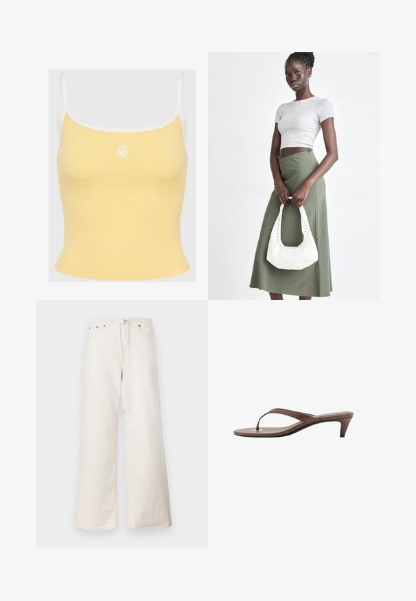 Gul ribbet tanktop med hvid kant og justerbare stropper, der har et diskret broderet logo i midten foran. Blødt stof tekstur.; Hvide brede denimbukser med snøre i taljen, forlommer og subtile syninger. Lavet af robust bomuldsstof.; Brune hælflip-flop sandal med en slank rem og rund tåpost, der har et lille guldaccent på fodsengen.; Grå ribbet crop top og olivengrøn højhøjdet nederdel. Modellen holder en hvid skuldertaske med udskæringsdetaljer. Enkel design, tætsiddende silhuet.