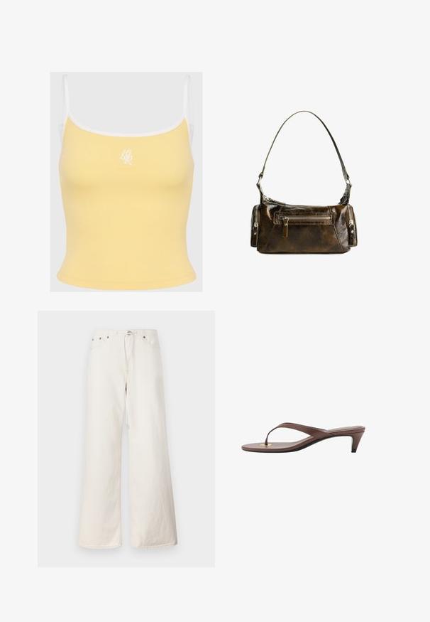 Débardeur jaune côtelé avec des bords blancs et des bretelles réglables, présentant un logo brodé discret au centre à l'avant. Texture de tissu douce.; Pantalon en denim blanc à jambes larges avec taille à cordon, poches avant et détails de couture subtils. Fabriqué en coton robuste.; Sandale à talons brune avec une fine lanière et un entre-doigts arrondi, arborant un petit accent doré sur le semelage.; Sac à main en cuir marron avec une forme courbée, matériel en argent et deux poches zippées à l'avant. Bandoulière réglable incluse.
