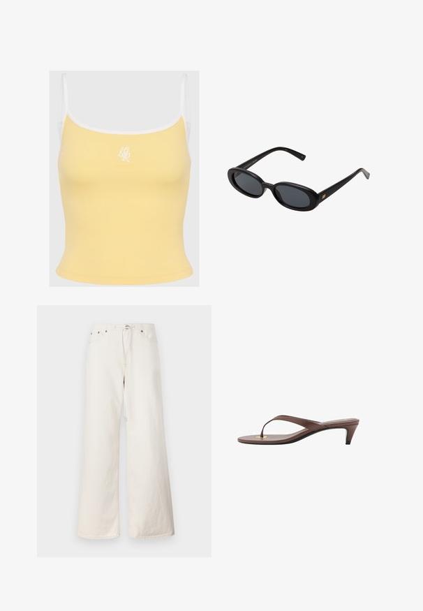 Top a canotta gialla a coste con bordi bianchi e spalline regolabili, caratterizzato da un logo ricamato discreto al centro davanti. Tessuto morbido.; Pantaloni in denim bianchi a gamba larga con vita regolabile tramite cordoncino, tasche frontali e dettagli di cucitura discreti. Realizzati in robusto cotone.; Infradito con tacco marroni, dotati di una fascia sottile e un puntale arrotondato, con un piccolo dettaglio dorato sulla soletta.; Occhiali da sole neri oversize con lenti ovali, montatura in plastica liscia e accenti dorati sulle tempie. Le lenti scure offrono protezione dal sole.