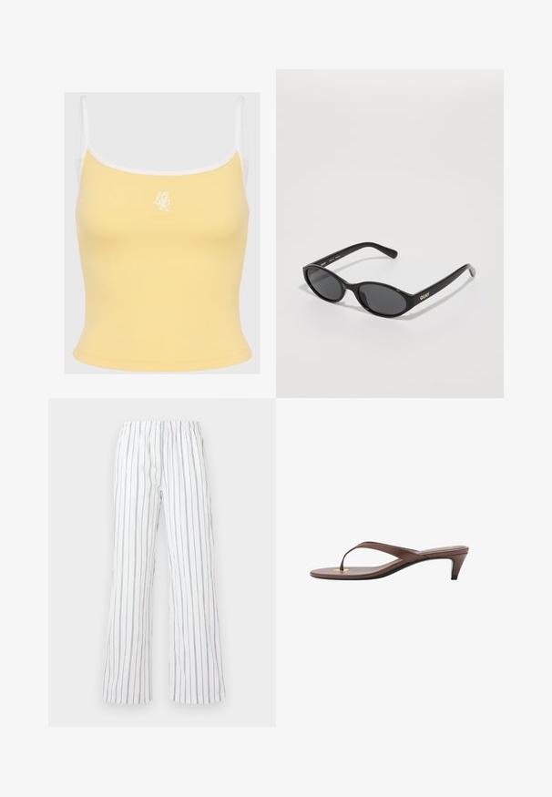 Top de tip tank, de culoare galbenă, cu dantelă albă și bretele reglabile, având un logo brodat subtil în centrul frontal. Textură de material moale.; Pantaloni albi cu dungi verticale albastre, confecționați dintr-un material ușor. Au un brâu elastic și picioare largi, evazate.; Sandaș cu toc înalt, de culoare maro, cu o curea subțire și vârf rotunjit, având un mic accent auriu pe talpa interioară.; Ochelari de soare negri cu lentile rotunde, cadru din plastic lucios și logo-ul "QUAY" aurit pe margine. Au lentile întunecate.; Geantă de mână din piele neagră cu un vârf plisat, două mânere pentru umăr, accesorii de culoare aurie și un accent circular central. Textură netedă, formă compactă.