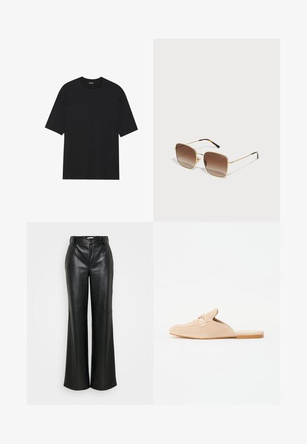 T-shirt nera a maniche corte realizzata in cotone. Presenta un collo a giro e orlo dritto. Design minimalista senza pattern né dettagli.; ONLY Tall ONLSMOOTH WIDE - Pantaloni - black; Mocassini slip-on in suede beige con punta chiusa, dotati di un dettaglio decorativo a fibbia e suola piatta in sughero. Tessuto liscio con design minimale.; Occhiali da sole in metallo dorato con montatura quadrata, lenti a gradiente marroni e dettagli tartarugati sulle aste. Design leggero.