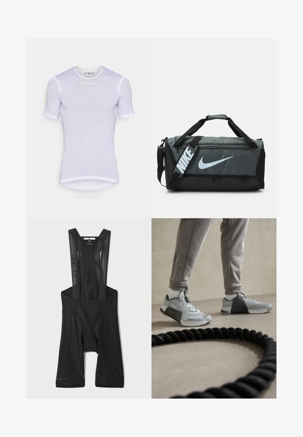 Bílá krátkosrstá síťovaná košile s kulatým výstřihem, která má prodyšnou texturu a decentní logo značky na hrudi.; Černé cyklistické šortky s podšívkou, síťovinovými popruhy, polstrovaným sedlem, aerodynamickým designem a reflexními detaily. Vhodné pro výkonnostní nošení.; Šedé a bílé tenisky Nike s texturovaným síťovým svrškem, gumovou podrážkou a boční podporou. Umístěné blízko černého cvičebního lana.; Nike sportovní taška s tmavě šedým a černým designem, která má velké bílé logo, dva popruhy a nastavitelný ramenní popruh.