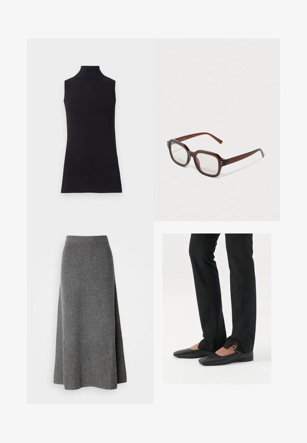 Haut sans manches noir en col roulé, fabriqué à partir d'un tissu lisse. Design ajusté avec un col haut et un ourlet droit, minimaliste et de couleur unie.; Lindex SKIRT INA - Jupe longue - dark grey melange; Ballerines en cuir noire avec un bout pointu, sangle avec boucle en argent, associées à un pantalon noir sur mesure avec un ourlet fendu.; Lunettes rectangulaires translucides marron avec des verres transparents, une légère réflexion violette et de petits points décoratifs dorés aux coins avant.; Boucle d'oreille en argent avec une finition polie, présentant de petits détails en or et de forme ronde, portée sur le lobe.