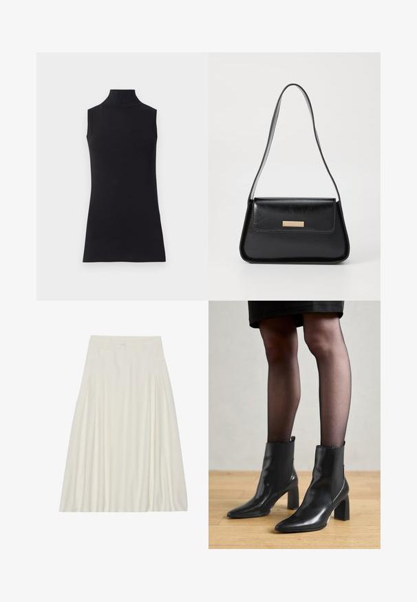 Sort ærmeløs turtleneck top, lavet af glat stof. Figurtilpasset design med høj hals og lige kant, minimalistisk og ensfarvet.; Hvid, knælængde nederdel lavet af letvægtsstof med plisseringer, en talje med knaplukning og sidelommer.; Sorte læderankelstøvler med spids tå, kraftig firkantet hæl og slankt design. Har elastiske sidepaneler for nem påtagning.; Sorte læderhåndtaske med en struktureret trekantet form, slank rem og hardware i guldtonet, der har en logo-plade på frontklappen.; Gul hoop ørestikker med en struktureret, uregelmæssig form. Har en sømløs lukning og en poleret overfladefinish, der fremhæver et moderne design.