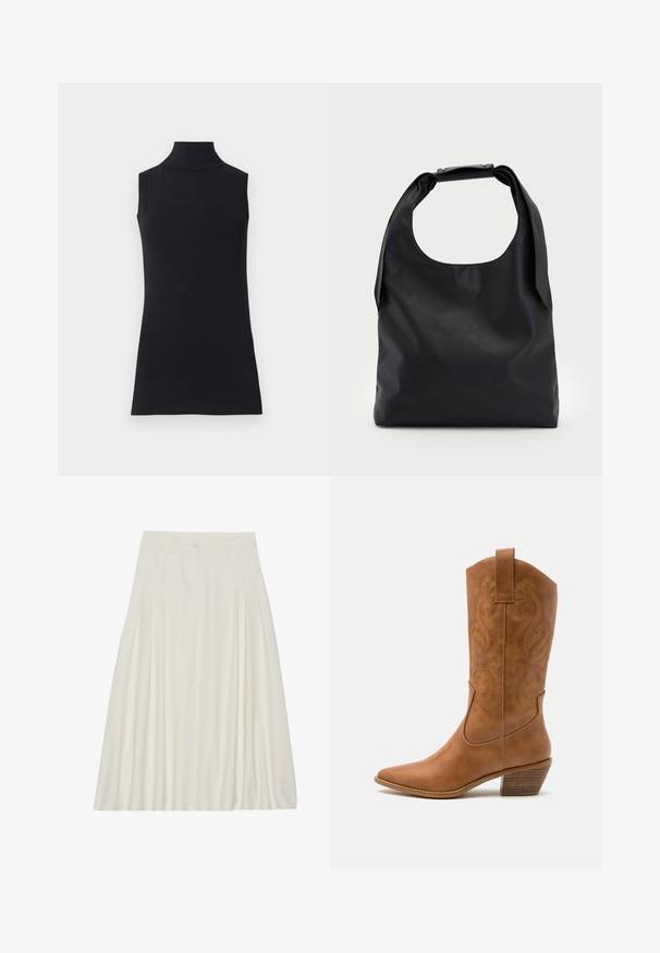 Top senza maniche nero con colletto alto, realizzato in un tessuto morbido. Design aderente con collo alto e orlo dritto, minimalista e di colore uniforme.; Gonna bianca fino al ginocchio realizzata in tessuto leggero con pieghe, cintura con chiusura a bottone e tasche laterali.; Stivale cowboy in pelle marrone chiaro con punta affusolata, modelli ricamati a spirale sull'asta e tacco a blocco impilato. Presenta una linguetta per una facile calzata.; Borsa a mano in pelle nera con un ampio apertura superiore e una singola tracolla. Texture morbida, design minimalista, con sottili accenti in metallo.; Orecchini a cerchio in oro con una forma irregolare e texture. Presentano una chiusura senza giunture e una finitura superficiale lucida, che enfatizza un design moderno.