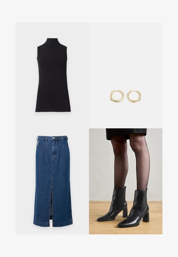 Juodas be rankovių golfo tipo megztinis, pagamintas iš lygaus audinio. Prigludęs dizainas su aukšta apykakle ir tiesia apačia, minimalistinis ir vienos spalvos.; Tamsiai mėlyna džinsinė midi sijonas su priekinėmis plyšiais, penkių kišenių dizainu ir diržo kilpomis juosmens srityje. Lygus, tvirtas audinys.; Juodos odinės aulinės botai su smailiu priekiniu galiuku, masyviu kvadratiniu kulnu ir elegantišku dizainu. Yra elastingos šoninės detalės, kad būtų lengva užsidėti.; Aukso žiedo auskarai su tekstūruotu, netaisyklingu paviršiumi. Yra be siūlių užsegimas ir poliruotas paviršius, akcentuojantis modernų dizainą.