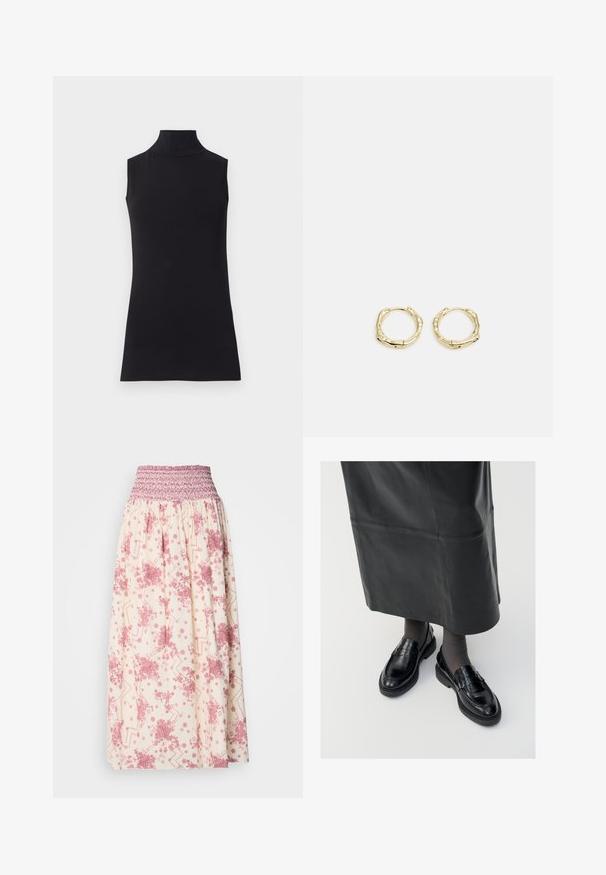 Zwarte mouwloze coltrui, gemaakt van soepele stof. Fitting ontwerp met een hoge kraag en een rechte zoom, minimalistisch en in een effen kleur.; Maxi rok in crème met roze bloem- en geometrische patronen. Heeft een gesmokte taille voor een verstelbare fit, gemaakt van lichtgewicht stof.; Zwarte leren loafers met een gladde afwerking, voorzien van een decoratieve band, ronde neus en gestructureerde zool. Draagt met een lange zwarte leren rok.; Gouden creolen met een textuur en onregelmatige vorm. Voorzien van een naadloze sluiting en een gepolijste afwerking, wat het moderne ontwerp benadrukt.