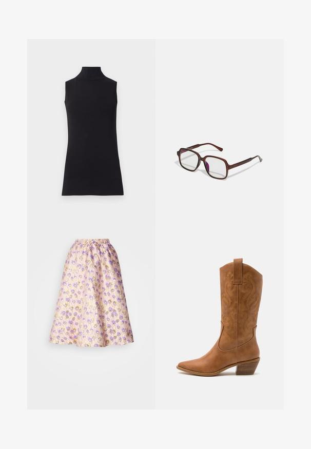 Black sleeveless turtleneck top, made from smooth fabric. Fitted design with a high neck and a straight hem, minimalistic and solid color.; A pastel pink skirt with a floral pattern in purple and gold accents, featuring an elastic waistband and a flared A-line silhouette.; Tan leather cowboy boot with pointed toe, embroidered swirl patterns on shaft, and a stacked block heel. Features a pull tab for easy wear.; Brown, rectangular eyeglasses with transparent lenses and purple tints. Smooth plastic frame with straight temples and subtle accents.; Gold hoop earrings with a textured, irregular shape. Features a seamless closure and a polished surface finish, emphasizing a modern design.