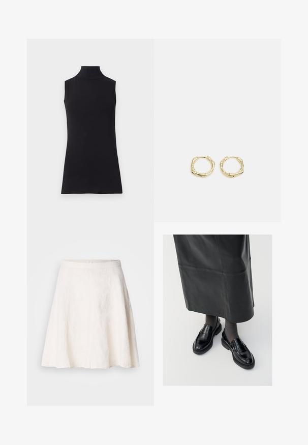 Čierny bezramienkový rolák z hladkej látky. Priliehavý strih s vysokým golierom a rovnými zakončeniami, minimalistický a v jednoliatej farbe.; Bieliznová sukňa z ľanovej tkaniny s voľným strihom v tvare A. Má hladký pás a ľahkú textúru s jemnými záhybmi.; Čierne kožené poltopánky s hladkým povrchom, s dekoratívnym pásikom, okrúhlou špičkou a textúrovanou podrážkou. Nosené s dlhou čiernou koženou sukňou.; Zlaté kruhové náušnice s textúrovaným, nepravidelným tvarom. Majú bezšvové uzatváranie a lesklý povrch, čo podčiarkuje moderný dizajn.