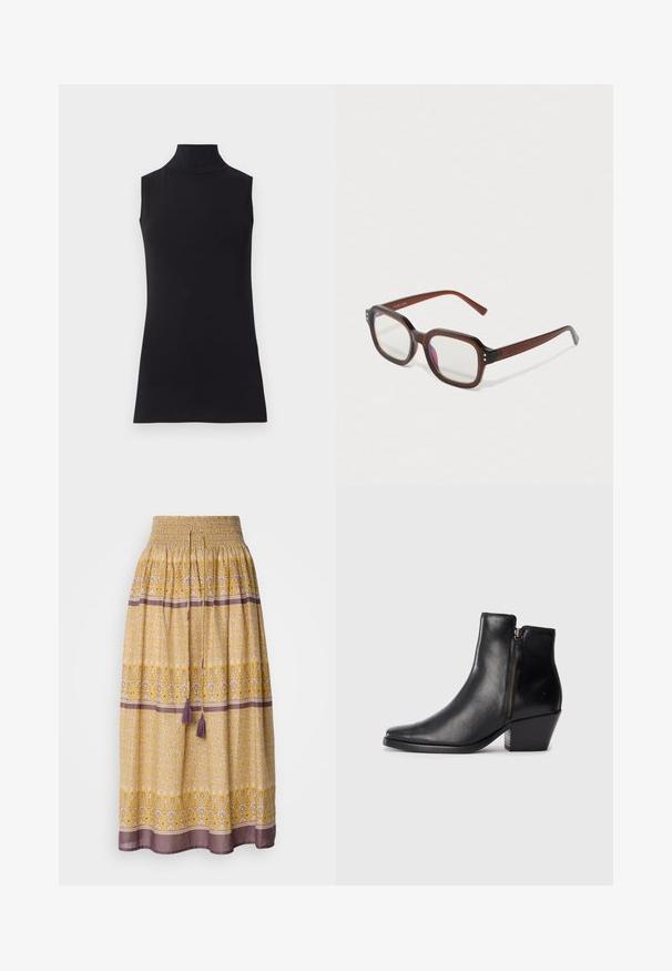 Černá bezrukávová roláková halenka vyrobená z hladkého materiálu. Střih na tělo s vysokým límcem a rovnými lemy, minimalistický a jednobarevný.; Žlutá maxi sukně s nařaseným pasem, květinové a geometrické vzory v bílé a fialové, s dvěma fialovými třásněmi na pase.; Černá kožená kotníková bota s špičatou špičkou, bočním zipem a robustním podpatkem. Hladká textura a minimalistic design.; Hnědé průhledné obdélníkové brýle s čirými skly, mírným fialovým odrazem a malými zlatými dekorativními tečkami na předních rozích.; Zlaté kruhové náušnice s texturovaným, nepravidelným tvarem. Disponují bezproblémovým uzávěrem a leštěným povrchem, což zdůrazňuje moderní design.