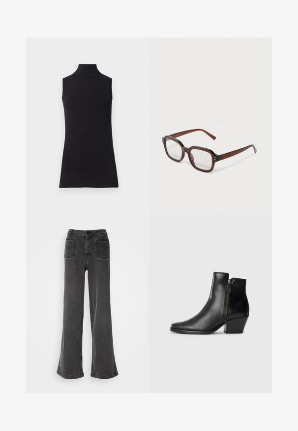 Črna brezrokavna turtleneck majica, izdelana iz gladkega materiala. Prilagojen dizajn z visokim ovratnikom in ravnim robom, minimalistična in enobarvna.; Visoko pasovane, široke črne kavbojke iz denima, ki imajo gumbasto zapiranje, pasne zanke in dve zadnji žepki s šivanim poudarkom.; Črne usnjene gležnjarji s podolgovatim nosom, stranskim zadrgo in debelim peto. Gladka tekstura in minimalistična zasnova.; Rjavi prozorniki pravokotne oblike z jasnimi lečami, lahkim purpurnim odsevom in majhnimi zlatimi okrasnimi pikami na sprednjih vogalih.; Srebrni uhani v obliki obroča z gladko, polirano površino. Okrogla oblika s nekoliko ukrivljenim dizajnom in spojem robov. Zaponka za zaklepanje.