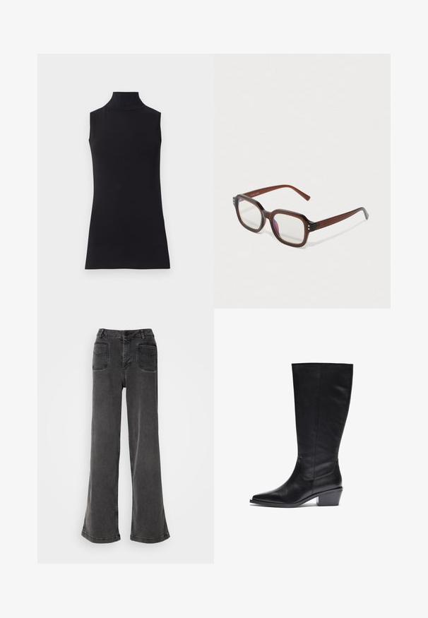 Melna bezpiedurkņu augstais kakls, izgatavots no gludas auduma. Pielāgotā forma ar augstu kaklu un taisnu apakšmalu, minimālistisks un vienkrāsains.; Augstas vidukļa, plata kāju melnas džinsus, kas izgatavoti no denima, ar pogu aizdari, jostas cilpiņām un divām aizmugurējām kabatām ar izšūtiem akcentiem.; Melnas ādas zābaki līdz ceļgaliem ar pievilcīgu purngalu, strukturētu apdari un sašaurinātu bloku papēdi. Šuvju detaļas uz kājas.; Brūni caurspīdīgi taisnstūrveida briļļu rāmis ar caurspīdīgiem lēcām, ar vieglu violetu atspulgu un maziem zeltītu dekoriem priekšējās stūrītēs.; Sudraba gredzena auskari ar gludu, pulētu apdari. Apaļa forma ar nedaudz izliekta dizaina un sajauktām malām. Ar tapu aizdari.