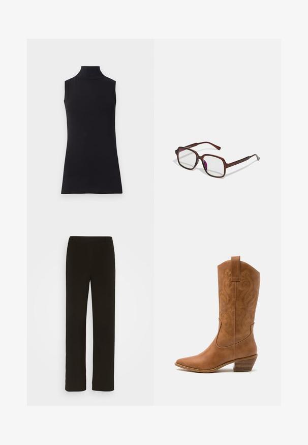 Schwarzes ärmelloses Rollkragenoberteil, aus glattem Stoff hergestellt. Eng anliegendes Design mit hohem Kragen und geradem Saum, minimalistisch und in einfarbiger Ausführung.; Schwarze, gerade geschnittene Hose aus gewebtem Stoff mit flachem Bund, zwei seitlichen Taschen und einer glatten Textur. Keine sichtbaren Muster oder Akzente.; Braune Leder-Cowboy-Stiefel mit spitzem Zehenbereich, bestickten Wirbelmustern am Schaft und einem gestapelten Blockabsatz. Verfügt über einen Ziehriemen für das einfache Anziehen.; Braune, rechteckige Brille mit transparenten Gläsern und lila Tönungen. Glatter Kunststoffrahmen mit geraden Bügeln und dezenten Akzenten.; Silberne Creolen mit einer glatten, polierten Oberfläche. Runder Form und sicherem Klickverschluss. Leichtes Design, geeignet für den täglichen Gebrauch.