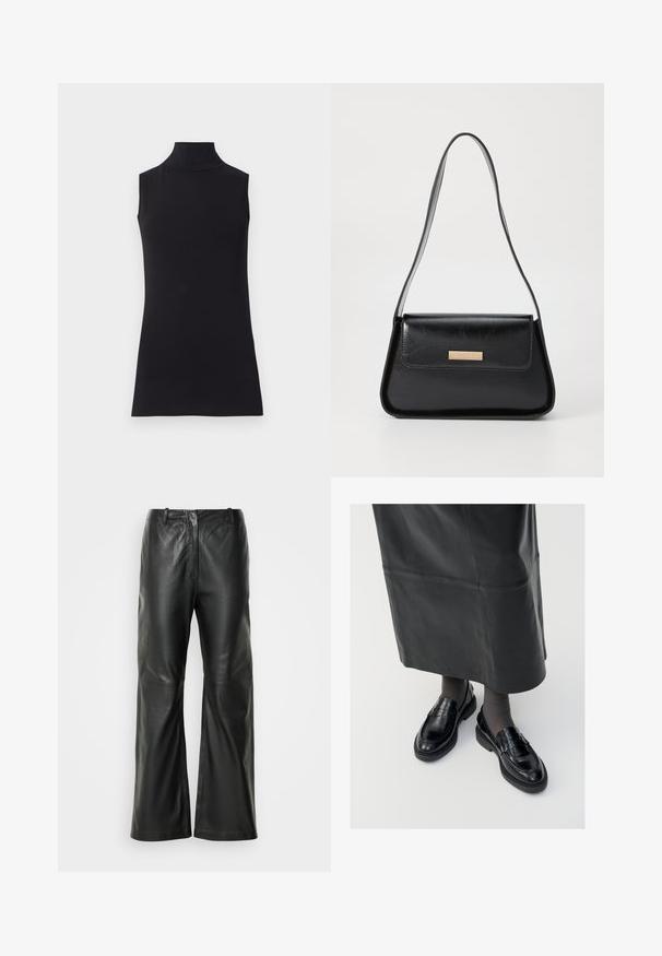 Schwarzes ärmelloses Rollkragenoberteil, aus glattem Stoff hergestellt. Eng anliegendes Design mit hohem Kragen und geradem Saum, minimalistisch und in einfarbiger Ausführung.; Schwarze Leder-Hosen mit weitem Bein aus glattem Material, mit einem mittelhohen Bund und minimalen Nahtdetails auf der Vorderseite.; Schwarze Lederloafers mit glatter Oberfläche, verziert mit einem dekorativen Riemen, runder Zehenpartie und texturierten Sohlen. Getragen mit einem langen schwarzen Lederrock.; Schwarze Lederhandtasche mit einer strukturierten dreieckigen Form, schmalem Trageriemen und goldfarbenen Beschlägen, die über ein Logo-Emblem auf der vorderen Klappe verfügt.