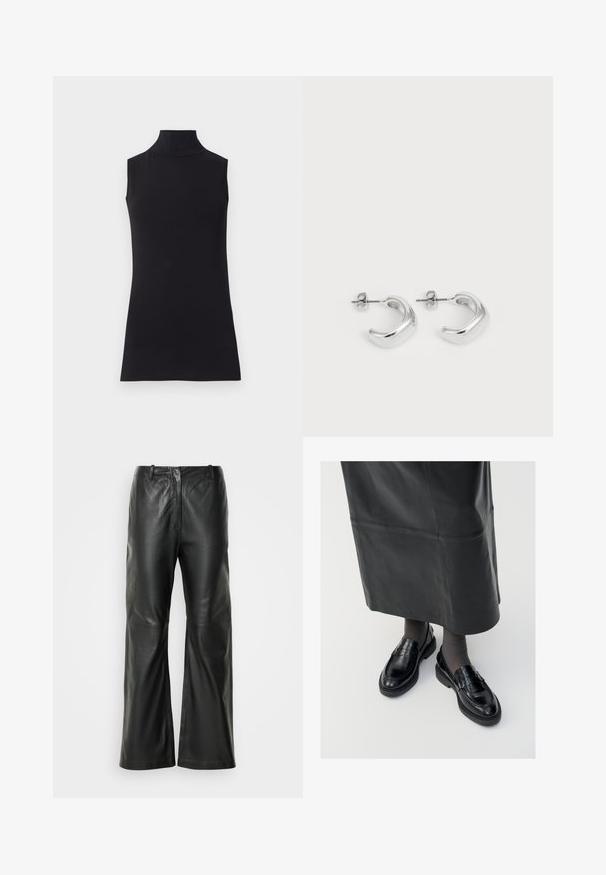Juodas be rankovių golfo tipo megztinis, pagamintas iš lygaus audinio. Prigludęs dizainas su aukšta apykakle ir tiesia apačia, minimalistinis ir vienos spalvos.; Juodos odinės plačios kelnės su lygiu paviršiumi, turinčios vidutinio aukščio juosmenį ir minimalų siuvimo dekorą priekyje.; Juodos odinės loafer bateliai su glotniu paviršiumi, dekoratyvine juostele, apvalia nosimi ir tekstūruotu padu. Dėvimi su ilga juoda odine sijonu.; Sidabrinės auskarų kilpos su lygiu, blizgiu paviršiumi. Apvalios formos su šiek tiek išlenktu dizainu ir sumaišytomis briaunomis. Smeigtuko užsegimas.