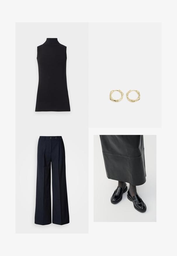 Čierny bezramienkový rolák z hladkej látky. Priliehavý strih s vysokým golierom a rovnými zakončeniami, minimalistický a v jednoliatej farbe.; Námornícke pruhované široké nohavice s dvoma prednými gombíkmi, prispôsobený dizajn, záhyb na prednej strane a hladká textúra.; Čierne kožené poltopánky s hladkým povrchom, s dekoratívnym pásikom, okrúhlou špičkou a textúrovanou podrážkou. Nosené s dlhou čiernou koženou sukňou.; Zlaté kruhové náušnice s textúrovaným, nepravidelným tvarom. Majú bezšvové uzatváranie a lesklý povrch, čo podčiarkuje moderný dizajn.