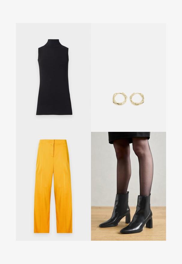 Top preto sem mangas, feito de um tecido liso. Design ajustado com um decote alto e uma bainha reta, minimalista e de cor sólida.; Calças largas de cor amarelo-brilhante feitas de um tecido suave, apresentando um design limpo com pregas frontais e uma cintura plana.; Botas de tornozelo em couro preto com bico fino, salto quadrado robusto e design elegante. Apresenta painéis laterais elásticos para facilitar o calçar.; Brincos de argola dourados com um formato irregular e texturizado. Apresentam um fecho sem emenda e um acabamento polido, destacando um design moderno.