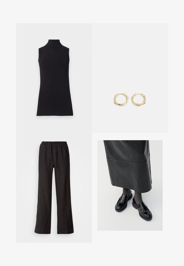 Zwarte mouwloze coltrui, gemaakt van soepele stof. Fitting ontwerp met een hoge kraag en een rechte zoom, minimalistisch en in een effen kleur.; Zwarte, loszittende broeken met een elastische tailleband en trekkoord. Gemaakt van een lichte stof met een gladde textuur en recht gesneden pijpen.; Zwarte leren loafers met een gladde afwerking, voorzien van een decoratieve band, ronde neus en gestructureerde zool. Draagt met een lange zwarte leren rok.; Gouden creolen met een textuur en onregelmatige vorm. Voorzien van een naadloze sluiting en een gepolijste afwerking, wat het moderne ontwerp benadrukt.