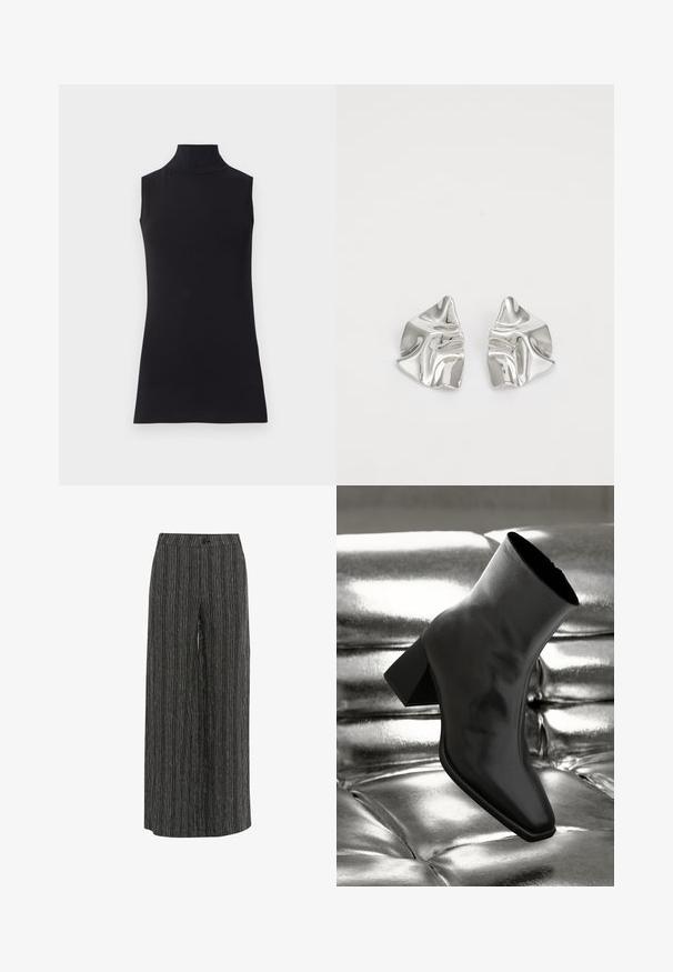 Mustat hihattomat poolopaidat, jotka on valmistettu sileästä kankaasta. Muotoiltu malli, jossa on korkea kaulus ja suora helma, minimalistinen ja yksivärinen.; Housut, joissa on leveät lahkeet musta-valkoisessa raidallisessa kankaassa. Ominaisuuksiin kuuluu nappikiinnitys ja sileä rakenne. Muotoilu tarjoaa löysän istuvuuden ja renon siluetin.; Musta nilkkuri, joka on valmistettu kiiltävästä materiaalista, jossa on neliömäinen kärki ja kapeahko kanta, asetettuna kiiltävän hopean tuftatun taustan eteen.; Hopeakauppaketju, jossa on aaltoileva, veistoksellinen muotoilu ja kiiltävä pinta, esittelee epäsäännöllisiä muotoja, korostaen nykyaikaista estetiikkaa.