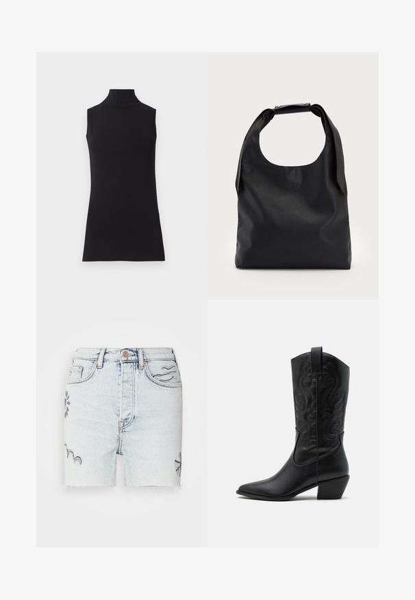 Must have muströppeta top, mis on valmistatud siledast kangast. Lihtne disain, kõrge kaelusega ja sirge äärega, minimalistik ja ühte värvi.; Heledatud džinsised lühikesed püksid, millel on purustatud äär, sinise värvi lilleline tikand ning traditsiooniline viie tasku stiil koos metallist nööbi sulgemisega.; Must have mustakotkad nahast saapad terava ninaga, ehted keerlevate mustritega ja keskmise kõrgusega kontsaga. Omab tõmberiba lihtsaks selga panemiseks.; Mustast nahast käekott, millel on suur avatud ülaosa ja üks õlavarras. Pehme tekstuur, minimalistlik disain, peened metalldetailid.; Kuldsete rõngaskõrvarõngaste tekstuuriga, ebakorrapärane kuju. Omab sujuvat lukustust ja poleeritud pinnatöötlust, rõhutades kaasaegset disaini.