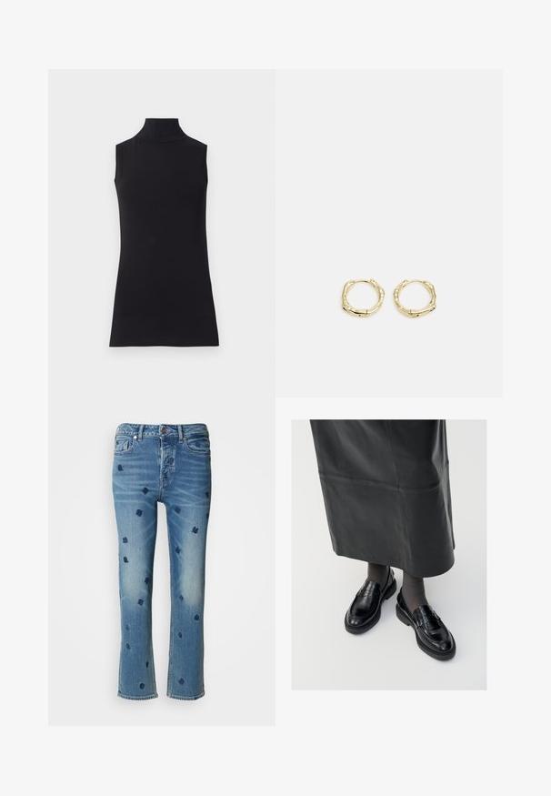 Top preto sem mangas, feito de um tecido liso. Design ajustado com um decote alto e uma bainha reta, minimalista e de cor sólida.; Jeans de ganga azul claro com perna reta, apresentando bordados florais em azul-marinho e efeitos de desgaste perto dos bolsos e da bainha.; Mocassins de pele preta com um acabamento liso, apresentando uma fita decorativa, bico redondo e sola texturizada. Usados com uma saia longa de pele preta.; Brincos de argola dourados com um formato irregular e texturizado. Apresentam um fecho sem emenda e um acabamento polido, destacando um design moderno.