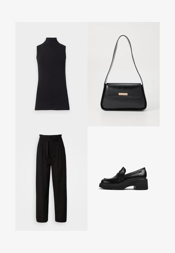 Must have muströppeta top, mis on valmistatud siledast kangast. Lihtne disain, kõrge kaelusega ja sirge äärega, minimalistik ja ühte värvi.; Mustad kõrge vöökohtadega püksid laia jala ja eesriidega, mis on varustatud kangast vööd ringikujulise pandlaga. Sujuv tekstuur ja kohandatud disain.; Must musta jalgadega must nahast lohvik, paksu tallaga ja rihmaga ülevalt, kujutatud külgvaates valgel taustal.; Must mustrist nahkist kott, millel on struktureeritud kolmnurkne kuju, peen rihm ja kuldset tooni detailid, millel on logoplaat eesmisel klapil.; Kuldsete rõngaskõrvarõngaste tekstuuriga, ebakorrapärane kuju. Omab sujuvat lukustust ja poleeritud pinnatöötlust, rõhutades kaasaegset disaini.