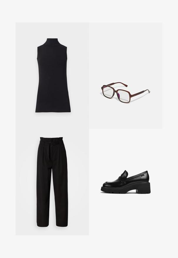 Schwarzes ärmelloses Rollkragenoberteil, aus glattem Stoff hergestellt. Eng anliegendes Design mit hohem Kragen und geradem Saum, minimalistisch und in einfarbiger Ausführung.; Schwarze, hochsitze Hose mit weitem Bein, mit vorderen Falten und einem Stoffgürtel mit einer runden Schnalle. Glatte Textur und taillierte Design.; Schwarze Leder-Loefer mit klobigem Absatz, dicker Sohle und einem Riemen über der Oberseite, seitlich auf einem weißen Hintergrund gezeigt.; Braune, rechteckige Brille mit transparenten Gläsern und lila Tönungen. Glatter Kunststoffrahmen mit geraden Bügeln und dezenten Akzenten.