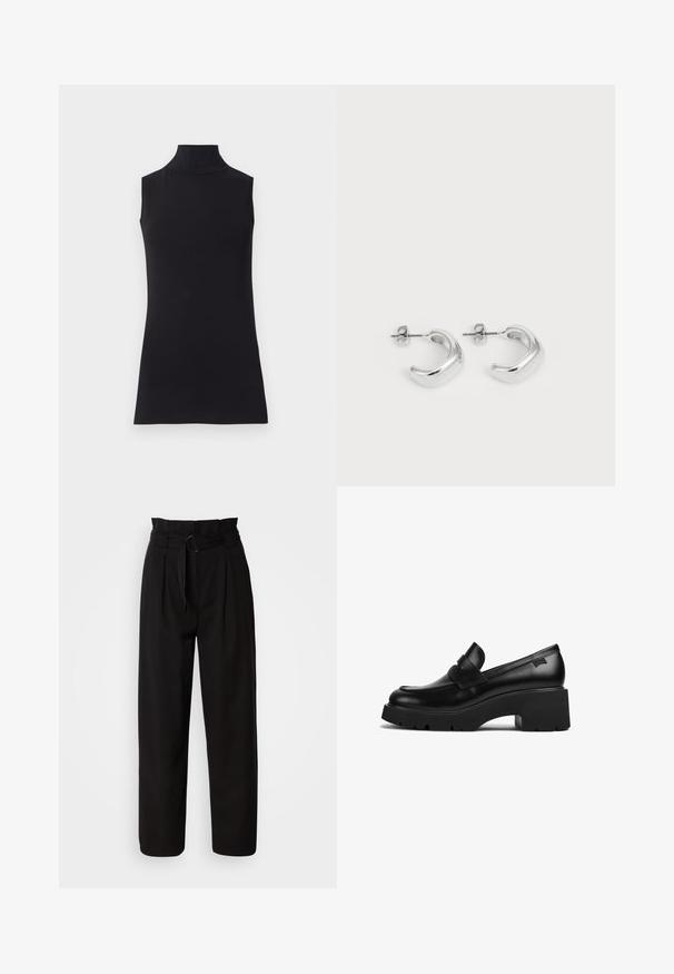 Haut sans manches noir en col roulé, fabriqué à partir d'un tissu lisse. Design ajusté avec un col haut et un ourlet droit, minimaliste et de couleur unie.; Pantalon noir taille haute à jambes larges, avec plis avant et une ceinture en tissu avec une boucle circulaire. Texture lisse et design ajusté.; Mocassin noir en cuir avec un talon épais, une semelle épaisse et un détail en sangle sur le dessus, présenté de côté sur un fond blanc.; Boucles d'oreilles en argent en forme de hoops avec une finition lisse et polie. Forme ronde avec un design légèrement courbé et des bords fondus. Fermeture à pin.