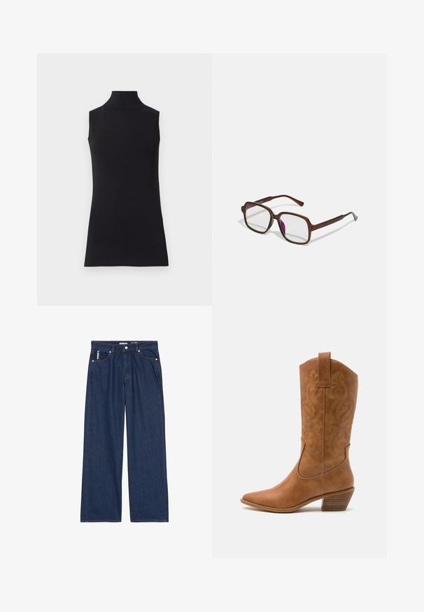 Črna brezrokavna turtleneck majica, izdelana iz gladkega materiala. Prilagojen dizajn z visokim ovratnikom in ravnim robom, minimalistična in enobarvna.; Široke denim hlače v temno modri barvi. Imajo klasičen obliko s petimi žepi, kontrastno šivanje ter gumb in zadrgo za zapiranje.; Rjavi usnjeni kauboj čevlji s koničastim nosom, vezenimi vijugastimi vzorci na zgornjem delu in zloženim kvadratnim peto. Imajo zanko za enostavno obuvanje.; Rjave, pravokotne očala z prosojnimi lečami in vijoličnimi odtenki. Gladek plastičen okvir z ravnimi steblami in subtilnimi detajli.; Zlate obročaste uhane z teksturirano, nepravilno obliko. Imajo brezšivno zapiranje in poliširano površinsko obdelavo, kar poudarja sodoben dizajn.