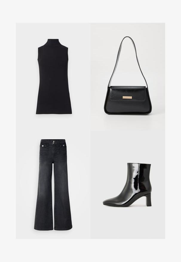 Svart ermeløs høyhalset topp laget av glatt stoff. Tettsittende design med høy hals og rett kant, minimalistisk og i ensfarget.; Sorte denim vidde bukser med høy midje, frontknapper og to frontlommer; glatt tekstur med en lett falmet finish.; Sorte patentlær ankle boot med spiss tå og en mellomhøy blokkhelt. Glatt tekstur og minimalistisk design.; Svart lærveske med en strukturert, triangulær form, tynn stropp og detaljer i gulltone som har en logo-plakett på den fremre klaffen.