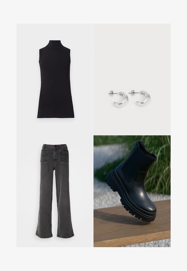 Top preto sem mangas, feito de um tecido liso. Design ajustado com um decote alto e uma bainha reta, minimalista e de cor sólida.; Calças de ganga pretas de cintura alta e pernas largas, com fecho de botão, passadores para cinto e dois bolsos traseiros com detalhes cosidos.; Bota de tornozelo em couro preto com sola robusta, painéis laterais elásticos e acabamento suave. Design elevado com detalhe de solado em contraste.; Brincos de argola de prata com um acabamento liso e polido. Forma redonda com um design ligeiramente curvado e bordas suavizadas. Fecho de pino.