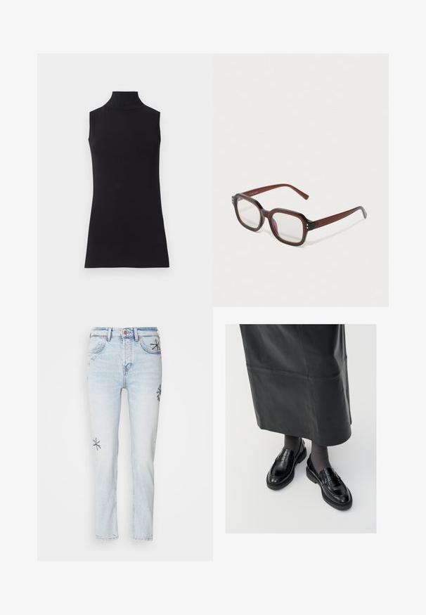 Czarny bezrękawnik z golfem, wykonany z gładkiego materiału. Dopasowany fason z wysoką szyją i prostym dołem, minimalistyczny i w jednolitym kolorze.; Jasnoniebieskie dżinsy o prostym kroju, z dekoracyjnym haftem kwiatowym w ciemniejszym niebieskim i żółtym kolorze na nogawkach. Klasyczny pięciokieszeniowy fason.; Czarne skórzane mokasyny o gładkim wykończeniu, z ozdobnym paskiem, okrągłym noskiem i teksturowaną podeszwą. Noszone z długą czarną skórzaną spódnicą.; Brązowe, przezroczyste, prostokątne okulary z przezroczystymi soczewkami, lekko fioletowym odbiciem i małymi złotymi dekoracyjnymi kropkami w przednich rogach.