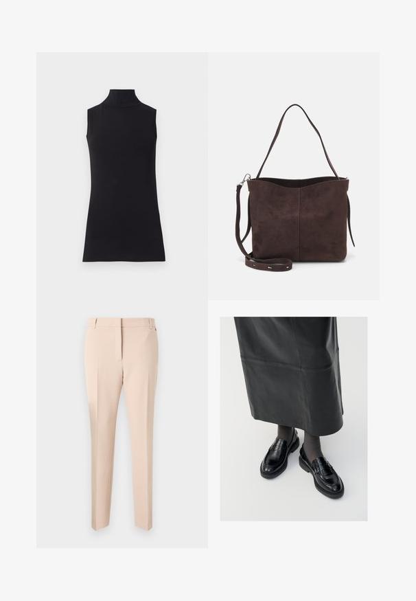 Schwarzes ärmelloses Rollkragenoberteil, aus glattem Stoff hergestellt. Eng anliegendes Design mit hohem Kragen und geradem Saum, minimalistisch und in einfarbiger Ausführung.; Beige maßgeschneiderte Hose mit flachem Frontdesign, Gürtelschlaufen, zwei Seitentaschen und geradem Bein. Glatte Stoffstruktur und minimale Details.; Schwarze Lederloafers mit glatter Oberfläche, verziert mit einem dekorativen Riemen, runder Zehenpartie und texturierten Sohlen. Getragen mit einem langen schwarzen Lederrock.; Braune Wildleder-Tasche mit weicher Textur, ausgestattet mit einem einzelnen Schulterriemen und einer dezenten, gewölbten Öffnung an der Oberseite. Keine sichtbaren Beschläge.; Goldene Creolen mit einer strukturierten, unregelmäßigen Form. Sie verfügen über einen nahtlosen Verschluss und eine polierte Oberflächenbehandlung, die ein modernes Design betont.