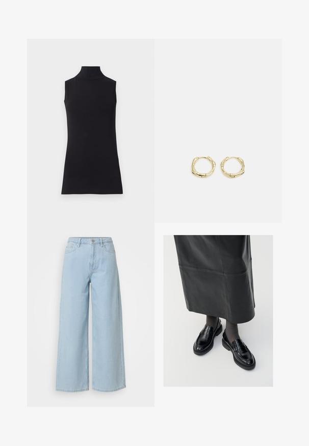 Čierny bezramienkový rolák z hladkej látky. Priliehavý strih s vysokým golierom a rovnými zakončeniami, minimalistický a v jednoliatej farbe.; Svetlomodré široké džínsy vyrobené z denimu, s gombíkom a zipsom, dvomi prednými vreckami a čistým, dokončeným okrajom.; Čierne kožené poltopánky s hladkým povrchom, s dekoratívnym pásikom, okrúhlou špičkou a textúrovanou podrážkou. Nosené s dlhou čiernou koženou sukňou.; Zlaté kruhové náušnice s textúrovaným, nepravidelným tvarom. Majú bezšvové uzatváranie a lesklý povrch, čo podčiarkuje moderný dizajn.